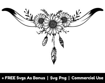 May include: Black and white line art illustration of a pair of cow horns with a floral design. The horns are adorned with sunflowers and feathers.