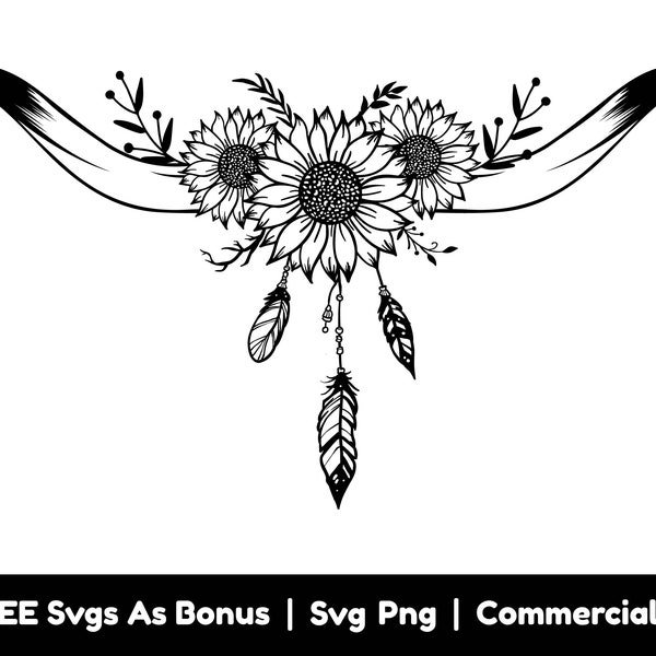 Bull Horns and Sunflowers Svg Png Files, Boho Design Svg, Cow Horns Svg, Feathers Svg Farmhouse Decoration Svg File