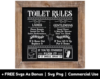 May include: A black chalkboard with a white wooden frame, displaying humorous toilet rules for ladies and gentlemen. The text reads "Toilet Rules", "Ladies", "Please Remain Seated For The Entire Performance", "If It Runs Out Replace It", "Gentlemen", "Stand Closer It May Be Shorter Than You Think", "If You Lift It Up Put It Down", "If You're Finished Flush It! If It Smells, Spray It!"