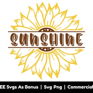 May include: A brown and yellow sunflower with the word "sunshine" written in brown letters across the centre.
