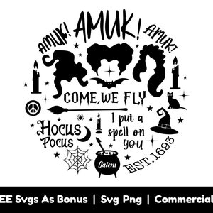 AMUK Svg Png Files, Halloween Svg, Est 1693, I Put A Spell On You Svg, Witch Hairstyles Svg, Spider Web Svg, Candles Svg,  Witch Hat Svg