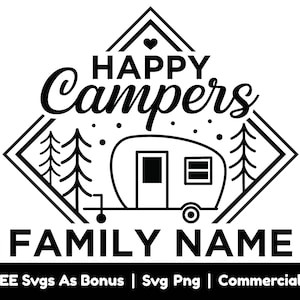 Camper T Shirt Design Svg Png Files, Happy Campers Svg, Double Frame Svg, Custom Family Name Svg, Trees Outline Svg, Stars Svg, Camper Van