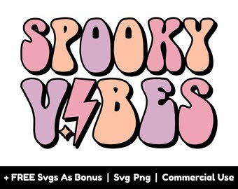 Könnte beinhalten: Ein Retro-Grafikdesign mit dem Text "Spooky Vibes" in Pink, Lila und Orange. Der Text ist in einer fetten, abgerundeten Schriftart.