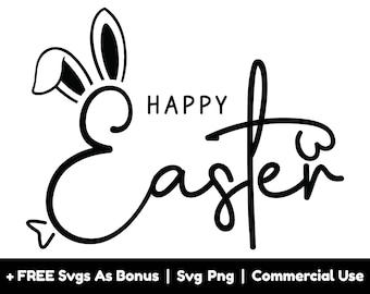 May include: Black and white illustration of a bunny rabbit with the text "Happy Easter" written in a cursive font.