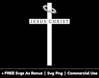 May include: A white silhouette of a cross with a crown of thorns on top and the text "JESUS CHRIST" written on the horizontal beam.