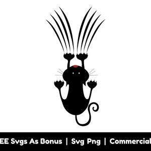 Puede incluir: Silueta negra de un gato con las garras extendidas, colgando boca abajo de un techo. El gato tiene una nariz roja y una cola.