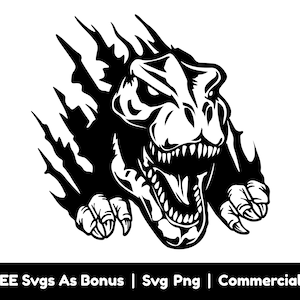 Può includere: Illustrazione in bianco e nero di una testa di dinosauro che rompe un fondo irregolare e lacerato. Il dinosauro ha un'espressione feroce con denti affilati e una bocca spalancata.