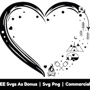 Decorativo camping corazón clipart imagen svg png archivos, diseño de camisa svg, fogata svg, flecha svg, tipi svg, caravana svg, árboles contorno svg
