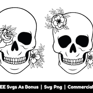 Skull With Flowers Svg Png Files, Floral Skull Clipart Image Svg, Trendy Svg, Halloween Shirt Design Svg, Skeleton Silhouette Svg