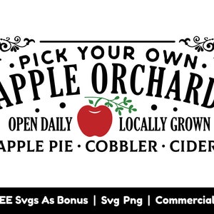 Puede incluir: Un letrero en blanco y negro con el texto "Pick Your Own Apple Orchard" con un gráfico de manzana roja. El letrero también dice "Open Daily", "Locally Grown" y "Apple Pie, Cobbler, Cider".