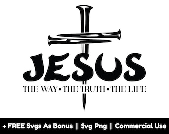 May include: Black and white graphic design of a cross with a nail through the center. The word "JESUS" is written in a bold, stylized font below the cross. The text "THE WAY THE TRUTH THE LIFE" is written below the word "JESUS".