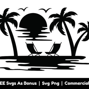 Palme e sedia a sdraio Immagine Clipart File Png in formato Svg, Uccelli in formato Svg, Sole in formato Svg, Avventura in formato Svg, Svg nautico, Mare in formato Svg, Scena da spiaggia