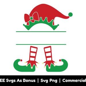 Peut inclure: Un chapeau d'elfe vert et rouge avec un nœud et un espace de nom divisé. Le chapeau d'elfe est sur une paire de chaussures d'elfe vertes avec des chaussettes rayées rouges et blanches.