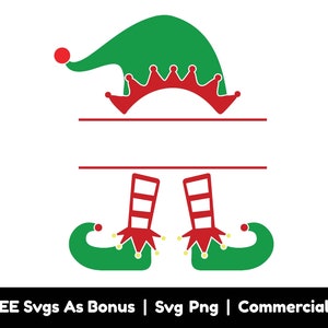 May include: Green and red elf hat with a white space for text. The hat is on top of a pair of green elf shoes with red and white striped cuffs.