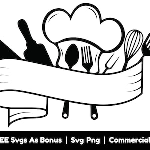 Utensili da cucina File Svg Png, Cappello da chef e cornice a nastro Svg, Logo ristorante Svg, Coltello Svg, Spatola Svg, Grigliata Svg, Chef americano Svg