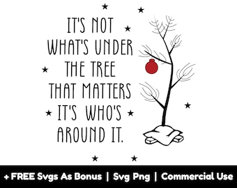 Op de afbeelding: Zwart-witte illustratie van een kale kerstboom met een rode kerstbal. De tekst luidt: "Het is niet wat er onder de boom ligt dat ertoe doet, maar wie er omheen is."
