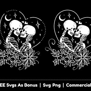 Skeletten In liefde Clipart Image Svg Png-bestanden, Floral Heart Svg, Trendy Svg, Halloween Shirt Design Svg, Skeleton Lovers Halloween Svg