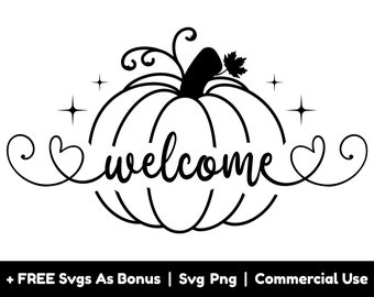 Könnte beinhalten: Schwarze und weiße Silhouette eines Kürbisses mit Stiel und Blättern. Das Wort "welcome" ist in einer dekorativen Schriftart im Kürbis geschrieben. Der Kürbis ist von zwei Herzen und Schnörkeln umgeben.