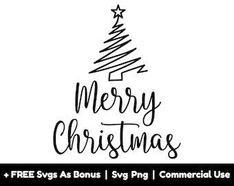 May include: Black and white illustration of a stylized Christmas tree with a star on top and the text "Merry Christmas" underneath.