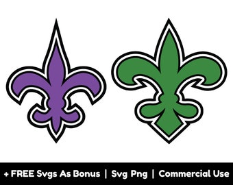 May include: Two fleur-de-lis designs, one in purple and one in green, with black outlines. Both designs are stylized and have a traditional fleur-de-lis shape.