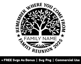 Op de afbeelding: Zwart-wit grafisch ontwerp van een boom met wortels en bladeren. De tekst "Remember Where You Come From" en "Family Name" worden in een cirkel rond de boom weergegeven. De tekst "Family Reunion 2025" wordt in een cirkel rond de wortels weergegeven.