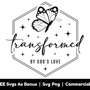 Può includere: Grafica in bianco e nero con una farfalla, stelle e il testo "trasformato dall'amore di Dio".