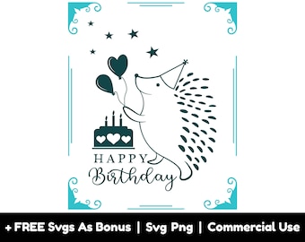 Happy Birthday Card Svg Png Files, Cute Kids Hedgehog Svg, Cake Svg, Balloons Svg, Stars Svg, Heart Svg, Birthday Gift Svg