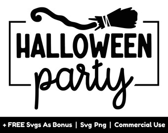 Op de afbeelding: Zwart-wit grafisch ontwerp met een bezemstelen en de tekst "HALLOWEEN party".