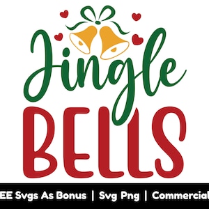 May include: Green and red text that reads "Jingle Bells" with two gold bells with red hearts above the text.