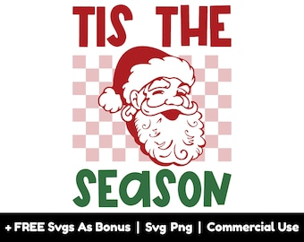 May include: Red and green graphic with the text "Tis the season" and a cartoon image of Santa Claus with a red hat and white beard.