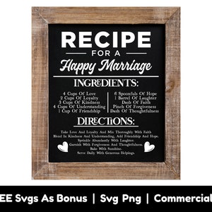 Ricetta per un matrimonio felice File Svg Png, Ingredienti 4 tazze d'amore, Fedeltà Svg, Servire ogni giorno con porzioni generose, Indicazioni, Svg
