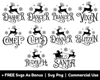 Op de afbeelding: Zwart-witte silhouet-illustraties van rendieren met de namen Dasher, Dancer, Prancer, Vixen, Comet, Cupid, Donner, Blitzen, Rudolph en Santa. De rendieren zijn afgebeeld met gewei en in verschillende poses. De tekst is in een gestileerd lettertype.