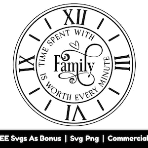 Puede incluir: Cara de reloj en blanco y negro con números romanos y el texto "El tiempo pasado con la familia vale cada minuto".