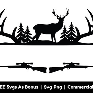 Ciervos cazando marco de texto dividido Svg Png archivos, astas de ciervo svg, armas svg, cazador vida svg, caza svg, ciervos svg