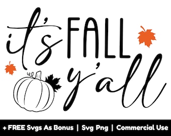 Könnte beinhalten: Schwarzweißes Grafikdesign mit dem Text "it's fall y'all" und einem Kürbis mit einem Blatt auf jeder Seite.