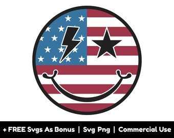 Retro America Smiley Face Svg Png Files, USA Flag Svg, Emoji Svg, Fourth Of July Svg, Patriotic Tshirt Design Svg, Stars Svg