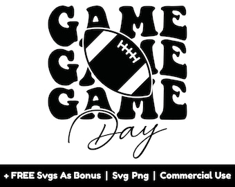 Op de afbeelding: Zwart-wit grafisch ontwerp met de tekst "GAME DAY" in een retro-lettertype. Een voetbal bevindt zich in het midden van het ontwerp.