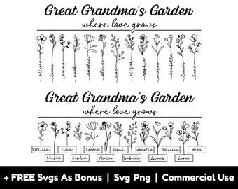 May include: A black and white graphic design featuring the text "Great Grandma's Garden where love grows." The design includes floral illustrations with names such as Olivia, Liam, and Emma. The bottom of the design includes the names in boxes.