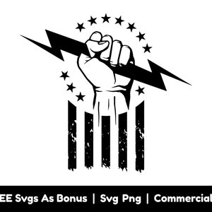 May include: Black and white illustration of a fist holding a lightning bolt, with a circle of stars and a distressed American flag behind it.