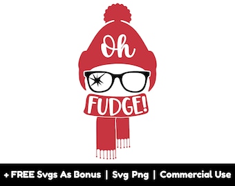 May include: Red and white Christmas-themed graphic with a cartoon character wearing a red knit hat, glasses, and a red scarf. The text "Oh Fudge!" is written in white on the scarf.