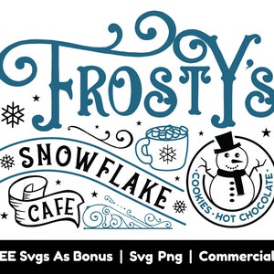 Könnte beinhalten: Eine Schwarzweißillustration eines Schneemanns mit einem blauen Schal und einem roten Hut. Der Schneemann ist von einem Kreis mit dem Text "Cookies Hot Chocolate" umgeben. Der Text "Frosty's Snowflake Cafe" ist in einer dekorativen Schrift mit blauen Schnörkeln geschrieben.