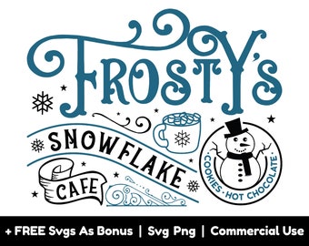Op de afbeelding: Een zwart-witte illustratie van een sneeuwpop met een blauwe sjaal en een rode hoed. De sneeuwpop is omringd door een cirkel met de tekst "Cookies Hot Chocolate". De tekst "Frosty's Snowflake Cafe" is geschreven in een decoratief lettertype met blauwe krulletjes.