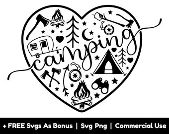 Camping Elements In A Heart Clipart Image Svg Png Files, Trees Svg, Cute Girly Camper T Shirt Design Svg, Outdoor Svg, Fire, Mountains Svg