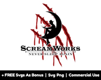 May include: Black and white silhouette of a person sitting on a crescent moon with red claw marks behind them. The text "SCREAM WORKS NEVER SLEEP AGAIN" is below the image.
