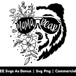 Mama Bear Svg Png Files, Funny Mama Shirt Design Svg, Floral Svg, Mom Life Svg, Mother&#39;s Day Svg, Mommy Svg, Half Bear Head Half Flowers Svg