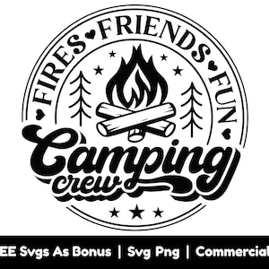 Equipe de acampamento, incêndios, amigos, arquivos Png divertidos Svg, Round Split Svg, Campfire Svg, Trees Outline Svg, Camper T Shirt Design Svg, Stars Svg