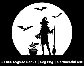 Hexe-Silhouette-Svg-Png-Dateien, böse Hexe mit Besenstiel-Svg, Mond-Svg, Fledermäuse-Svg, Halloween-Aufkleber-Svg, Png-Shirt-Sublimation