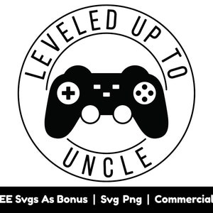May include: Black and white illustration of a video game controller inside a circle with the text "LEVELED UP TO UNCLE".