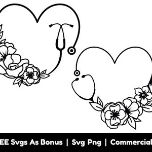 Gift For Nurse SVG PNG Files, Flower Heart With Stethoscope Clipart Image Svg, Nurse Appreciation Svg, Silhouette Svg