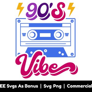 May include: A retro-style graphic design featuring the text "90's Vibe" in a colorful, stylized font. A blue cassette tape is positioned above the text, with lightning bolts on either side of the "90's" text.